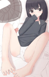  1girl barefoot bed black_eyes black_hair black_shirt blush bow bowtie flat_chest floral_print grey_skirt loli long_hair long_sleeves looking_at_viewer lying on_bed open_mouth orange_bow orange_bowtie panties pillow print_panties shirt shooko skirt sleeves_past_wrists smile spread_legs underwear unworn_shirt unworn_skirt white_panties white_shirt 