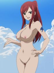 1girl arm_tattoo breasts brown_eyes cleavage collarbone earrings erza_scarlet facing_viewer fairy_tail female_pubic_hair hand_on_own_hip hand_up happy high_ponytail jewelry large_breasts long_hair looking_at_viewer navel nipples nude nude_filter open_mouth ponytail pubic_hair pussy red_hair screencap smile solo standing tattoo teeth third-party_edit tongue rating:Explicit score:54 user:bryanlg