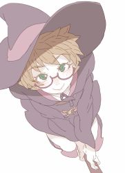 10s blush boots broom brown_hair commentary freckles glasses green_eyes hat little_witch_academia looking_at_viewer lotte_jansson semi-rimless_eyewear short_hair simple_background smile solo tasaka_shinnosuke under-rim_eyewear white_background witch witch_hat rating:Sensitive score:10 user:danbooru