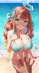  1boy 1girl absurdres bare_shoulders beach bikini bikini_top_only blonde_hair blue_archive blue_eyes blue_sky blurry blurry_foreground blush bottomless bow braid breasts cleavage closed_mouth convenient_censoring convenient_hand day gingham gingham_bikini glasses gradient_hair green_bikini hair_bow hair_ornament hairclip halo highres large_breasts long_hair looking_at_viewer multicolored_hair ocean orange_hair outdoors pov pov_hands sensei_(blue_archive) shimiko_(blue_archive) sidelocks sky smile solo_focus swimsuit tansui_san_(tcjp4784) thighhighs twin_braids very_long_hair wardrobe_malfunction water wet wet_hair white_thighhighs 