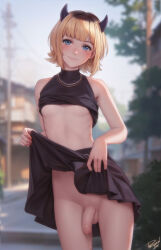 1futa artist_name bare_arms bare_shoulders black_shirt black_skirt blonde_hair blue_eyes blunt_bangs blurry blurry_background blush breasts chain chain_necklace clothes_lift commentary cowboy_shot day depth_of_field earrings english_commentary flaccid foreskin futanari highres horns jewelry lifting_own_clothes mem-cho multicolored_hair necklace no_bra no_panties oshi_no_ko outdoors paid_reward_available pearl_necklace penis personal_ami phimosis precum roots_(hair) shirt shirt_lift short_hair single_earring skirt skirt_lift small_breasts smile solo standing star_(symbol) star_earrings testicles two-tone_hair uncensored rating:Explicit score:328 user:danbooru