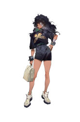  1girl arm_at_side bag bandage_over_one_eye bandaged_arm bandages bare_legs black_hair black_nails black_shirt contrapposto crossed_arms dark-skinned_female dark_skin earrings floating_hair freckles frown full_body gebijiade_89 green_shirt grey_shorts hand_on_own_hip handprint highres jewelry layered_shirt long_hair looking_at_viewer nail_polish one_eye_covered orange_eyes original paper_bag print_shirt see-through see-through_shorts shirt shoes short_sleeves shorts simple_background solo standing t-shirt white_background white_footwear wrist_belt 