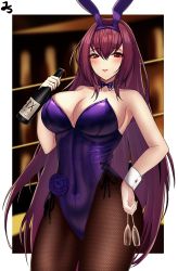 1girl absurdres alcohol border bottle bow bowtie breasts cleavage covered_navel cup detached_collar drinking_glass fate/grand_order fate_(series) fishnet_legwear fishnets highres holding holding_bottle holding_cup jungtong large_breasts leotard long_hair parted_lips playboy_bunny purple_hair purple_leotard red_eyes scathach_(fate) solo very_long_hair white_border wine_bottle wine_glass rating:Sensitive score:27 user:danbooru
