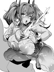  1boy 1girl absurdres azur_lane blush breasts bremerton_(azur_lane) bremerton_(scorching-hot_training)_(azur_lane) clothes_lift cum drums_(artist) ejaculation hetero highres jewelry large_breasts long_hair monochrome necklace nipples one_eye_closed paizuri paizuri_under_clothes saliva shirt_lift sweat tongue tongue_out twintails 