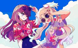  2girls ;d ;p adjusting_eyewear blonde_hair blue_eyes blue_pants blue_shirt blue_sky blush brown_hair closed_mouth cloud collared_shirt commentary fang floral_print flower fujishima_megumi glint hair_flower hair_ornament hawaiian_shirt heart heart-shaped_eyewear hibiscus_print highres link!_like!_love_live! long_hair looking_at_viewer love_live! mira-cra_park! multiple_girls one_eye_closed open_mouth osawa_rurino pants parted_bangs pink_flower pink_shirt polo_shirt purple_eyes round_eyewear shirt short_sleeves sky smile sparkle sunglasses tongue tongue_out twintails two_side_up virtual_youtuber watagemodoki white_pants 