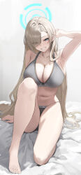  1girl absurdres armpits asuna_(blue_archive) barefoot blue_archive blue_eyes blue_halo blush bra breasts cleavage collarbone eyes_visible_through_hair feet grey_bra grey_panties grin hair_over_one_eye halo highres knee_up large_breasts legs light_brown_hair long_hair looking_at_viewer mole mole_on_breast num_s1x panties smile solo toenails toes underwear underwear_only  rating:Sensitive score:49 user:danbooru