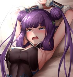  1girl armpits arms_behind_head arms_up bare_shoulders black_dress blue_eyes blunt_bangs blush breasts china_dress chinese_clothes crying detached_sleeves double_bun dress fate/grand_order fate_(series) hair_bun hair_ornament large_breasts leaf_hair_ornament long_hair lying on_back open_mouth pillow purple_hair sideboob sidelocks solo takurowo tears twintails very_long_hair yang_guifei_(fate) yang_guifei_(first_ascension)_(fate)  rating:Sensitive score:32 user:danbooru