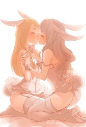 10s 2016 2girls animal_ears artist_name ass rabbit_ears rabbit_tail dated elin closed_eyes from_side full_body garter_straps holding_hands interlocked_fingers kiss kneeling lingerie multiple_girls off_shoulder profile rice365 simple_background tail tera_online thighhighs underwear white_background yuri rating:Questionable score:75 user:danbooru