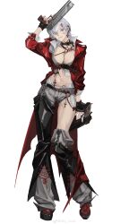  1girl absurdres blue_eyes blush breasts coat dante_(devil_may_cry) devil_may_cry devil_may_cry_(series) devil_may_cry_3 ebony_&amp;_ivory fingerless_gloves genderswap genderswap_(mtf) gloves hair_over_one_eye highres holding looking_at_viewer one_eye_closed red_coat sin_node smile solo weapon white_hair 
