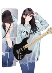 1girl absurdres ass backless_outfit black_hair butt_crack chinese_commentary cowboy_shot denim electric_guitar fender_(company) fender_stratocaster guitar guitar_little_sister_(hitomi_o) highres hitomi_o instrument jeans long_hair long_sleeves mirror nightgown no_bra no_panties open_clothes open_fly original pants purple_eyes reflection see-through sleeves_past_wrists smile solo unzipped v_over_eye white_background zipper_pull_tab rating:Questionable score:79 user:danbooru