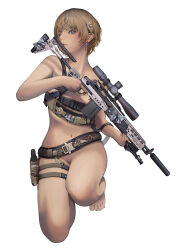  1girl absurdres artist_name barcode barefoot battle_rifle blonde_hair blue_eyes bow camouflage camouflage_belt commentary dated earrings flat_chest freckles full_body gun hair_ornament handgun highres holding holding_gun holding_weapon jewelry looking_at_viewer magazine_(weapon) making-of_available mikasamu mk_14_ebr mole mole_under_eye navel no_bra no_panties on_one_knee original parted_lips pouch rifle scope short_hair simple_background sniper_rifle solo striped_bow thigh_pouch weapon white_background woodland_camouflage 
