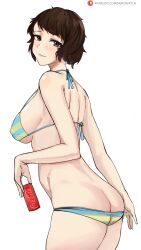  1girl absurdres alternate_breast_size ass bikini bikini_bottom_pull blue_bikini breasts brown_eyes brown_hair butt_crack can coca-cola drink_can halterneck highres holding holding_can kawakami_sadayo large_breasts looking_at_viewer looking_to_the_side nero_watch patreon_logo patreon_username persona persona_5 pulled_by_self short_hair sideboob simple_background soda_can solo strap_gap striped_bikini striped_clothes swimsuit watermark web_address white_background 