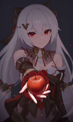  1girl absurdres ai_dongdong apple bare_shoulders black_sleeves blurry breasts cleavage closed_mouth commentary_request covered_navel detached_sleeves earrings food fruit grey_background grey_hair hair_between_eyes hair_ornament highres holding holding_food honkai_(series) honkai_impact_3rd jewelry juliet_sleeves long_hair long_sleeves looking_at_viewer medium_breasts outstretched_arm puffy_sleeves red_apple red_eyes simple_background smile solo theresa_apocalypse theresa_apocalypse_(luna_kindred) theresa_apocalypse_(lunar_vow:_crimson_love) very_long_hair  rating:Sensitive score:12 user:danbooru