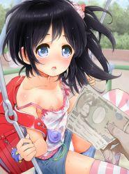  1boy 1girl backpack bag black_hair blue_eyes flat_chest loli money nipples open_mouth original outdoors panties playground prostitution randoseru seihoukei skirt solo_focus striped_clothes striped_thighhighs swing thighhighs underwear  rating:Questionable score:74 user:Dweenie