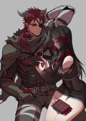  1boy 1girl arknights arm_up beard belt black_dress black_hair black_nails breasts cape cat&#039;s_cradle clothing_cutout commentary_request dress embarrassed eyepatch facial_hair green_cape green_pants grey_background highres hoederer_(arknights) horns imone_illust ines_(arknights) long_hair long_sleeves looking_at_another looking_down medium_breasts nail_polish object_request pants pointy_ears pouch red_hair shoulder_cutout simple_background thighhighs wire yellow_eyes 