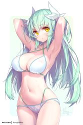  1girl aqua_hair armpits arms_behind_head arms_up bare_shoulders bikini blush breasts cleavage collarbone cowboy_shot dragon_girl dragon_horns fate/grand_order fate_(series) hong_(white_spider) horns kiyohime_(fate) large_breasts layered_bikini long_hair looking_at_viewer navel simple_background solo standing swimsuit thighs white_background white_bikini yellow_eyes  rating:Sensitive score:46 user:danbooru