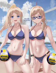  2girls ball beach beach_volleyball bikini blonde_hair blue_bikini blue_eyes blue_sky breasts cleavage cloud cowboy_shot dated day glasses hair_over_shoulder harukana_receive high_ponytail highres holding holding_ball large_breasts long_hair low_ponytail matching_outfits mikasa_sports multiple_girls nicoli3141 o-ring o-ring_bikini ocean outdoors siblings sisters sky swimsuit thomas_claire thomas_emily twins twitter_username volleyball volleyball_(object) volleyball_net 
