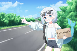  1girl absurdres alternate_costume backpack bag black_bag blue_eyes blue_hair blue_nails blue_sky blush camisole cloud collarbone denim denim_shorts eyewear_on_head fins fish_tail gawr_gura grin highres highway hitchhiking holding holding_sign hololive hololive_english landscape midriff multicolored_hair nail_polish navel road shark_tail shirt shorts sign sky smile solo streaked_hair sunglasses tail thighs thumbs_up ugaaaa1 virtual_youtuber white_camisole white_shirt 