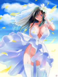  1990s_(style) 1girl black_hair blue_eyes breasts bridal_veil bride choker cleavage clothes_lift cloud convenient_skirt cowboy_shot day dress dress_lift final_fantasy final_fantasy_vii garter_straps grin highres huge_breasts large_breasts long_hair looking_at_viewer no_panties retro_artstyle revision shiny_skin sky smile solo switch01 thighhighs tifa_lockhart veil wedding_dress white_thighhighs wind wind_lift  rating:Questionable score:74 user:justanotherfreak