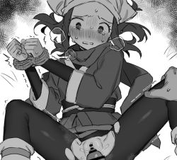 1girl akari_(pokemon) bar_censor barbarian_tk blush bound bound_wrists censored clenched_teeth clothed_sex creatures_(company) crotch_cutout crying crying_with_eyes_open full-face_blush game_freak greyscale head_scarf heavy_breathing hetero imminent_penetration imminent_vaginal japanese_clothes leggings m_legs monochrome nintendo obi penis pokemon pokemon_legends:_arceus pov pussy rape rope sash scarf solo_focus spread_legs struggling sweat tears teeth torn_clothes torn_legwear vaginal rating:Explicit score:281 user:ponekad