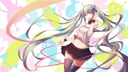  1girl ahoge alien aqua_eyes aqua_hair bare_shoulders black_skirt blush collar crop_top detached_collar eugene female_focus green_eyes green_hair hair_ornament happy hatsune_miku holding holding_phone long_hair looking_ahead midriff multicolored_clothes multicolored_legwear navel ng_(chaoschyan) open_mouth phone pleated pleated_skirt pointing purple_thighhighs shirt shoulder_strap skirt sleeveless sleeveless_shirt smile solo spotted strap strap_slip string thighhighs twintails vocaloid wavy_mouth white_shirt wire wristband zettai_ryouiki 