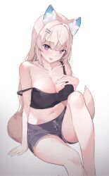  1girl :d animal_ear_fluff animal_ears arm_support armpit_crease black_tank_top blonde_hair blue_hair breasts center-flap_bangs cleavage commentary crop_top dog_ears dog_girl dog_tail dolphin_shorts double-parted_bangs extra_ears fang feet_out_of_frame fuwawa_abyssgard grey_shorts hair_ornament hairclip highres hololive hololive_english knee_up large_breasts long_hair looking_at_viewer midriff multicolored_hair namiorii navel open_mouth pink_eyes short_shorts shorts simple_background single_off_shoulder sitting skin_fang smile solo streaked_hair tail tank_top virtual_youtuber white_background 