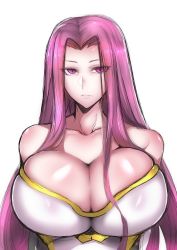  1girl absurdres breasts bursting_breasts cleavage fate/grand_order fate_(series) female_focus gggg gorgon_(fate) hair_intakes highres huge_breasts long_hair looking_to_the_side matching_hair/eyes medusa_(fate) medusa_(rider)_(fate) purple_eyes purple_hair rider solo upper_body white_background  rating:Questionable score:68 user:danbooru