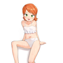 1girl :d absurdres bare_arms bare_legs bare_shoulders ben_10 bikini feet_out_of_frame female_focus frilled_bikini frills green_eyes gwen_tennyson hair_ornament hairclip highres loli looking_at_viewer ludo0109 navel open_mouth orange_hair paid_reward_available short_hair simple_background sitting smile solo swimsuit wet white_background white_bikini rating:Sensitive score:357 user:danbooru
