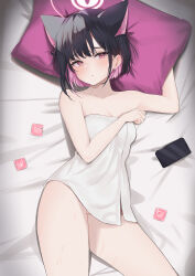 1girl absurdres animal_ears armpit_crease bare_arms bare_legs bed_sheet black_hair blue_archive breasts cat_ears cellphone cleavage collarbone colored_inner_hair commentary_request condom condom_wrapper head_tilt highres kazusa_(blue_archive) looking_at_viewer lying medium_breasts multicolored_hair naked_towel narrowed_eyes on_back on_bed phone pillow pink_eyes pink_hair smartphone solo sweat towel two-tone_hair xochi_(nueeen6978) rating:Explicit score:52 user:danbooru