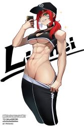  1girl abs breasts camera_flash camera_phone choker commission commissioner_upload crotch fatzhai female_focus green_eyes grin gym_uniform hat highres knit_hat linmei linmei_quan long_hair looking_at_viewer muscular muscular_female original pants ponytail red_hair scar scar_across_eye scar_on_face selfie smile solo tank_top tattoo underboob yoga_pants  rating:Questionable score:88 user:danbooru