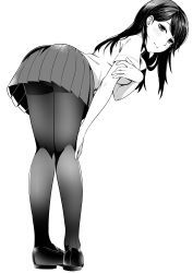 1girl absurdres bad_id bad_pixiv_id bent_over blush closed_mouth female_focus from_behind full_body greyscale hand_on_own_arm hand_on_own_knee highres kyuuso_inukami legs_together loafers looking_at_viewer looking_back monochrome original panties panties_under_pantyhose pantyhose pleated_skirt shoes short_sleeves simple_background skirt smile solo standing underwear upskirt white_background rating:Questionable score:35 user:danbooru