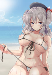 10s 1girl bad_id bad_pixiv_id bare_shoulders beach beret bikini blue_eyes breasts cloud collarbone covered_erect_nipples day front-tie_bikini_top front-tie_top hat kantai_collection kashima_(kancolle) large_breasts lens_flare nipples outdoors piston_ring sand see-through side-tie_bikini_bottom silver_hair sky smile solo swimsuit two_side_up untied_bikini water wet white_bikini rating:Questionable score:22 user:danbooru
