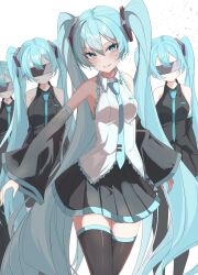 4girls :o absurdres aqua_eyes aqua_hair aqua_necktie bare_shoulders between_breasts black_shirt black_skirt black_sleeves blindfold breasts clone collared_shirt commentary_request cowboy_shot detached_sleeves double-parted_bangs expressionless grin hair_intakes hatsune_miku head_tilt highres kawasuru_(15miclon) light_blush long_hair looking_at_viewer medium_breasts multiple_girls necktie necktie_between_breasts no_nose pleated_skirt shirt simple_background skirt sleeveless smile smug solo_focus thighhighs tie_clip tsurime twintails v-shaped_eyebrows very_long_hair vocaloid white_background white_shirt zettai_ryouiki 
