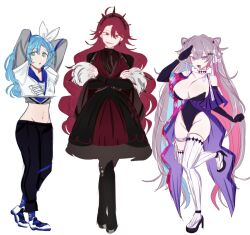  3girls absurdres ahoge alternate_costume alternate_hairstyle animal_ears arms_behind_head arms_up black_gloves blue_eyes blue_hair boots breasts cleavage commentary covered_navel crop_top cropped_hoodie crossed_arms crow_(oraclejester) dress earrings elbow_gloves english_commentary full_body gavis_bettel genderswap genderswap_(mtf) gloves grey_hair hair_between_eyes heterochromia high_heel_boots high_heels highleg highleg_leotard highres holostars holostars_english hood hoodie jewelry jurard_t_rexford knee_boots large_breasts leotard light_blue_hair long_eyelashes long_hair long_sleeves looking_at_viewer medium_hair multicolored_hair multiple_girls navel open_mouth pants pink_eyes pink_hair red_eyes red_hair regis_altare revealing_clothes salute shoes single_earring sketch skindentation smirk sneakers standing standing_on_one_leg striped_clothes striped_thighhighs sweatpants thighhighs twintails vertical-striped_clothes vertical-striped_thighhighs very_long_hair virtual_youtuber wavy_hair white_background white_thighhighs 