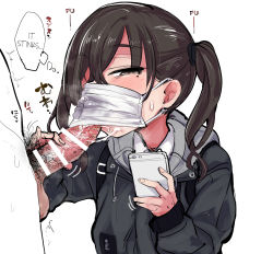 1boy 1girl backpack bag brown_eyes brown_hair cellphone censored cum cum_string fellatio fellatio_under_mask hair_over_one_eye half-closed_eyes hard-translated heavy_breathing hetero highres holding holding_phone idolmaster idolmaster_cinderella_girls jacket male_pubic_hair mask mole mole_under_eye mouth_mask multitasking oral penis phone pubic_hair reinoenu_(anon) smartphone smegma smelling smelling_penis solo_focus sunazuka_akira surgical_mask third-party_edit translated twintails rating:Explicit score:297 user:StolenTranslations