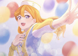  1girl balloon commentary costume_request gomadare4869 hair_flowing_over hat highres long_hair long_sleeves looking_at_viewer love_live! love_live!_superstar!! multicolored_clothes open_mouth orange_hair outstretched_arm purple_eyes shibuya_kanon solo symbol-only_commentary upper_body white_hat 