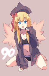  1girl :d bare_legs barefoot bikini black_bikini black_hat black_hoodie blonde_hair blue_eyes bow breasts collarbone commentary_request fairy_wings full_body hat hat_bow highres hood hood_down hoodie jack_(wkm74959) lily_black lily_white long_hair long_sleeves navel open_mouth pointy_hat puffy_sleeves purple_background red_bow red_ribbon ribbon sidelocks simple_background sitting small_breasts smile solo stomach swimsuit touhou very_long_hair wariza wings 