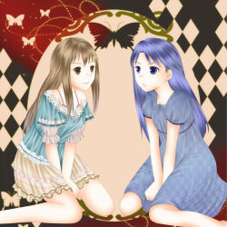  2girls atelier_(series) atelier_totori blue_eyes blue_hair bra brown_eyes brown_hair bug butterfly cecilia_helmold crossover dress eye_contact female_focus hair_ornament hairpin idolmaster idolmaster_(classic) imai_asami insect kisaragi_chihaya long_hair looking_at_another multiple_girls sitting smile toffee_(ikume) underwear voice_actor_connection wariza 