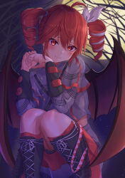  1girl absurdres ahoge bare_tree blush boots bow crop_top cross-laced_footwear demon_wings drill_hair hair_bow hair_ribbon hatyomugi00 highres kasane_teto kasane_teto_(sv) lace-up_boots long_sleeves looking_at_viewer midriff moon night night_sky outdoors own_hands_together red_eyes red_hair ribbon skirt sky smile socks solo squatting synthesizer_v tree twin_drills utau wings 