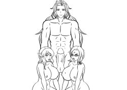 1boy 2females bad_tag begging begging_for_cum big_breasts big_penis breasts curvy fillia_einhart final_fantasy final_fantasy_xiv huge_breasts kneeling muscular muscular_male roegadyn soothing_ruby tongue tongue_out waiting_for_cum