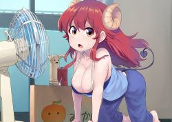 1girl all_fours blue_camisole blue_pants breasts breasts_squeezed_together brown_eyes brown_horns camisole can chestnut_mouth cleavage commentary_request curled_horns demon_girl demon_tail drink_can electric_fan fuka_(kantoku) full_body highres horns large_breasts long_hair looking_at_viewer machikado_mazoku open_mouth pants red_hair soda_can solo sweat tail yoshida_yuuko_(machikado_mazoku) rating:Sensitive score:28 user:danbooru