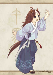  1boy 1girl absurdres aged_down ahoge animal_ears aoqun blue_eyes brown_hair character_name chinese_clothes chinese_knot chinese_zodiac english_text full_body hanfu highres horse_ears horse_girl horse_tail japanese_clothes jiaoling_ruqun long_hair long_sleeves male_focus multicolored_hair open_mouth original personification smile solo standing streaked_hair tail tassel two-tone_hair white_hair wide_sleeves you_hu_xiao_lang 