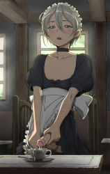  1boy androgynous apron bad_id bad_pixiv_id blonde_hair blue_eyes blush choker crossdressing cum cum_in_container cum_in_cup cup ensol foreskin indoors maid maid_apron maid_headdress male_focus masturbation nipples open_mouth original penis penis_milking plate short_hair solo sweat teacup testicles trap uncensored  rating:Explicit score:295 user:danbooru