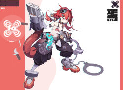  1girl angry animal armpits bare_shoulders belt bikini breasts buckle colored_sclera cuffs detached_sleeves full_body goggles goggles_on_head gun handcuffs handgun highres holding holding_weapon huge_weapon iguana_(animal) jewelry medium_breasts orange_background original pants ponytail red_eyes red_hair red_sclera reptile revolver ring scar scar_across_eye shoes sneakers spiked_pants swimsuit tongue tongue_out two-tone_background two-tone_bikini weapon white_hair xin_(1844210356) 