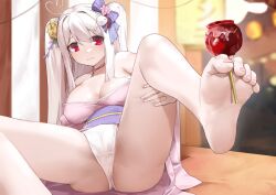 1girl barefoot between_toes candy_apple feet food highres japanese_clothes kimono light_blush long_hair looking_at_viewer panties red_eyes soles toes twintails underwear white_hair yukata  rating:Questionable score:21 user:ssfl