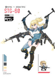 1girl absurdres assault_rifle axe blonde_hair blue_eyes character_name claws dual_wielding evil_smile firing girls&#039;_frontline gun hatchet_(axe) highres holding houshou8 magazine_(weapon) mechanical_arms mechanical_foot mechanical_hands mechanical_parts muzzle_flash original rifle shell_casing smile thighhighs thighs weapon white_background wolfenstein:_the_new_order wolfenstein_(series) 