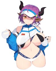  1girl absurdres animal_ears arknights bikini black_bra blue_jacket bra breasts cow_ears cow_girl cow_horns cup highres holding holding_cup horns jacket large_breasts milk one_eye_closed pepper0 purple_hair sideroca_(arknights) sideroca_(light_breeze)_(arknights) solo swimsuit underwear white_bikini wink yellow_eyes  rating:Questionable score:83 user:arkhives_