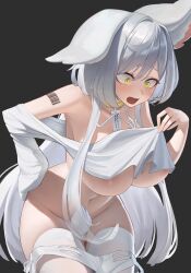  1girl absurdres animal_ears areola_slip barcode barcode_tattoo blush breasts choker commentary commission cowboy_shot embarrassed grey_hair hand_on_own_hip hantata highres large_breasts long_hair long_sleeves looking_down navel open_mouth original panties panty_pull shoulder_tattoo side-tie_panties sidelocks sleeves_past_wrists solo surprised tail_censor tattoo thighhighs underboob underwear wardrobe_malfunction white_panties white_thighhighs yellow_choker yellow_eyes 