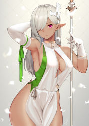 1girl arm_behind_head asymmetrical_gloves bare_shoulders breasts choker cleavage cleavage_cutout clothing_cutout commentary_request cowboy_shot dark-skinned_female dark_elf dark_skin dress elbow_gloves elf gloves green_ribbon grey_background hair_ornament hair_over_one_eye hayabusa_(vert_320) highres jewelry large_breasts long_hair mismatched_gloves original parted_bangs parted_lips pendant pointy_ears red_eyes ribbon sideboob silver_hair solo staff standing white_gloves rating:Sensitive score:61 user:danbooru