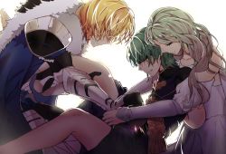 1girl 2boys absurdres armor arms_behind_back bare_shoulders barefoot bisexual_male blonde_hair braid byleth_(fire_emblem) byleth_(male)_(fire_emblem) cape closed_eyes closed_mouth cosplay dimitri_alexandre_blaiddyd dress fire_emblem fire_emblem:_three_houses fur_trim greaves green_hair highres long_hair long_sleeves multicolored_hair multiple_boys nintendo off-shoulder_dress off_shoulder rhea_(fire_emblem) sexual_coaching short_hair short_sleeves simple_background sitting sothis_(fire_emblem)_(cosplay) white_background white_dress yotsuba_rew rating:Questionable score:16 user:untitled22ddkc